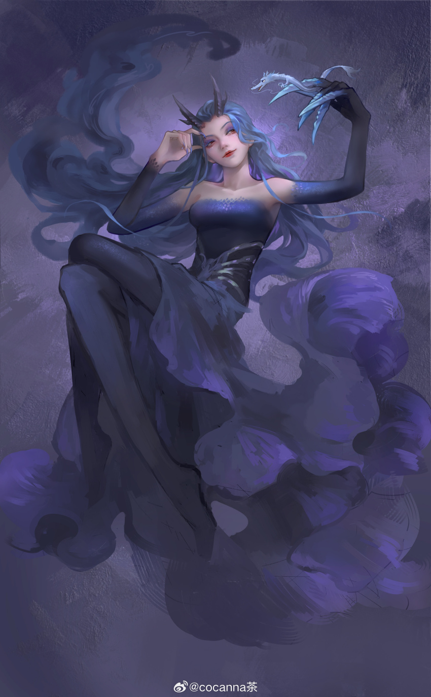 1girl absurdres animalization ao_bing_(nezha_zhi_motong_jiangshi) ao_run_(nezha_zhi_motong_jiangshi) blue_dress blue_hair breasts dragon_girl dragon_horns dress highres horns medium_breasts nezha_zhi_motong_jiangshi person_and_animalization red_eyes solo weibo_1643213674