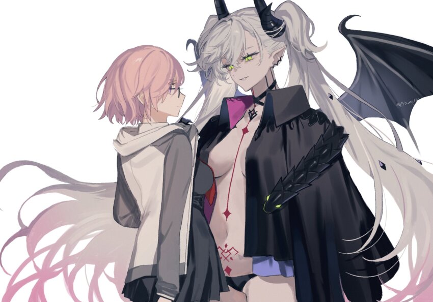 2girls black_dress black_jacket black_panties breasts dress fate/grand_order fate_(series) glasses green_eyes highres horns jacket lilith_(fate) long_hair mash_kyrielight multiple_girls navel panties pink_hair pointy_ears short_hair smile twintails underwear uxco0 white_background white_hair white_jacket wings