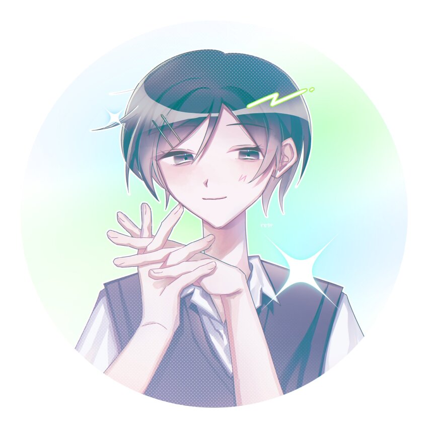 1girl black_eyes black_hair black_sweater_vest blush collared_shirt commentary_request cropped_torso dress_shirt futsuu_no_keion-bu hair_ornament hairpin highres i807su1 interlocked_fingers kouyama_rin light_smile own_hands_together parted_bangs pixie_cut shirt short_hair solo sparkle sweater_vest white_shirt wing_collar