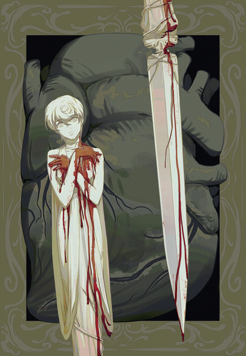 1girl absurdres blood blood_on_clothes blood_on_hands bloody_knife commentary expressionless heart_(organ) highres jojo_no_kimyou_na_bouken knife sang_(3soun) short_hair solo symbol-only_commentary trish_una vento_aureo