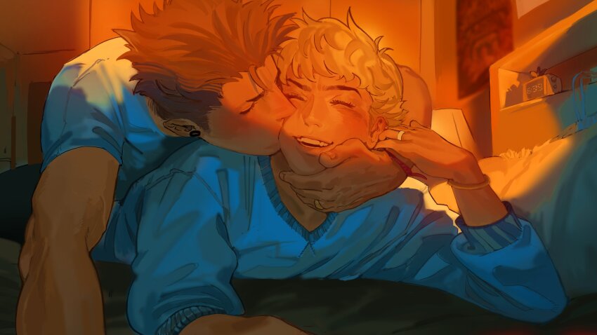 2boys absurdres ace_of_diamond bed blonde_hair blue_shirt brown_hair closed_eyes commentary earrings euforri highres jewelry kiss kissing_cheek kuramochi_youichi long_sleeves male_focus multiple_boys narumiya_mei on_bed open_mouth ring shirt smile teeth yaoi