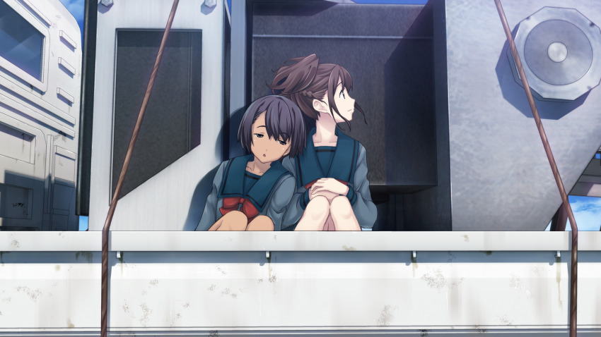2girls :o arms_on_knees black_hair blazer blue_sailor_collar bob_cut bow brown_eyes brown_hair buttons chest_bow chuo_tanegashima_high_school_uniform chuo_tanegashima_high_winter_school_uniform collarbone daitoku_junna dark-skinned_female dark_skin fukuda_tomonori game_cg grey_eyes grey_jacket grey_shirt hair_between_eyes head_on_another&#039;s_shoulder high_ponytail highres jacket knees_up leaning_on_person leaning_to_the_side long_sleeves looking_at_another looking_to_the_side multiple_girls non-web_source official_art open_mouth ponytail ponytail_with_braided_base red_bow robotics;notes sailor_collar school_uniform senomiya_akiho shiny_lips shiny_skin shirt short_hair side-by-side sitting sleepy smile waking_up