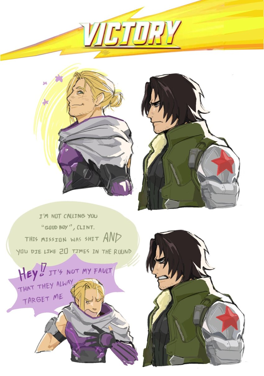 2boys armor black_gloves black_shirt blonde_hair blue_eyes blush brown_hair bucky_barnes clint_barton closed_mouth commentary english_commentary english_text fur-trimmed_vest fur_trim gauntlets gloves green_vest grey_scarf hair_bun hand_on_own_chest hand_up hawkeye_(marvel) highres i&#039;m_not_calling_you_&quot;good_boy&quot;_(meme) looking_at_another malimimie marvel marvel_rivals meme multiple_boys open_clothes open_mouth open_vest partially_fingerless_gloves prosthesis prosthetic_arm purple_armor scar scar_across_eye scar_on_face scarf shirt short_hair simple_background single_bare_shoulder smile star_(symbol) teeth upper_body v-shaped_eyebrows vest white_background winter_soldier