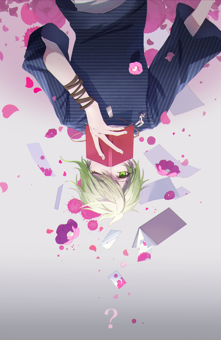 1boy ? absurdres amami_rantaro antenna_hair blood blood_splatter blood_stain blue_shirt blue_sleeves book bracelet brown_bracelet chain commentary_request covered_mouth cowboy_shot danganronpa_(series) danganronpa_v3:_killing_harmony eyelashes flower gradient_background green_eyes green_hair grey_background highres holding holding_book jewelry long_sleeves looking_at_viewer male_focus multiple_bracelets nagichiro one_eye_closed open_book paper pendant petals pink_blood pink_flower shirt short_hair simple_background solo straight-on striped_clothes striped_shirt upside-down vertical-striped_sleeves white_undershirt
