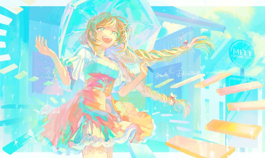 1girl bio_l_oid blue_eyes blue_hair blue_umbrella braid brown_hair dazbee high-waist_skirt highres holding holding_umbrella indie_utaite long_hair melt_(vocaloid) multicolored_hair official_art open_mouth pink_skirt shirt skirt smile solo streaked_hair twin_braids umbrella white_shirt