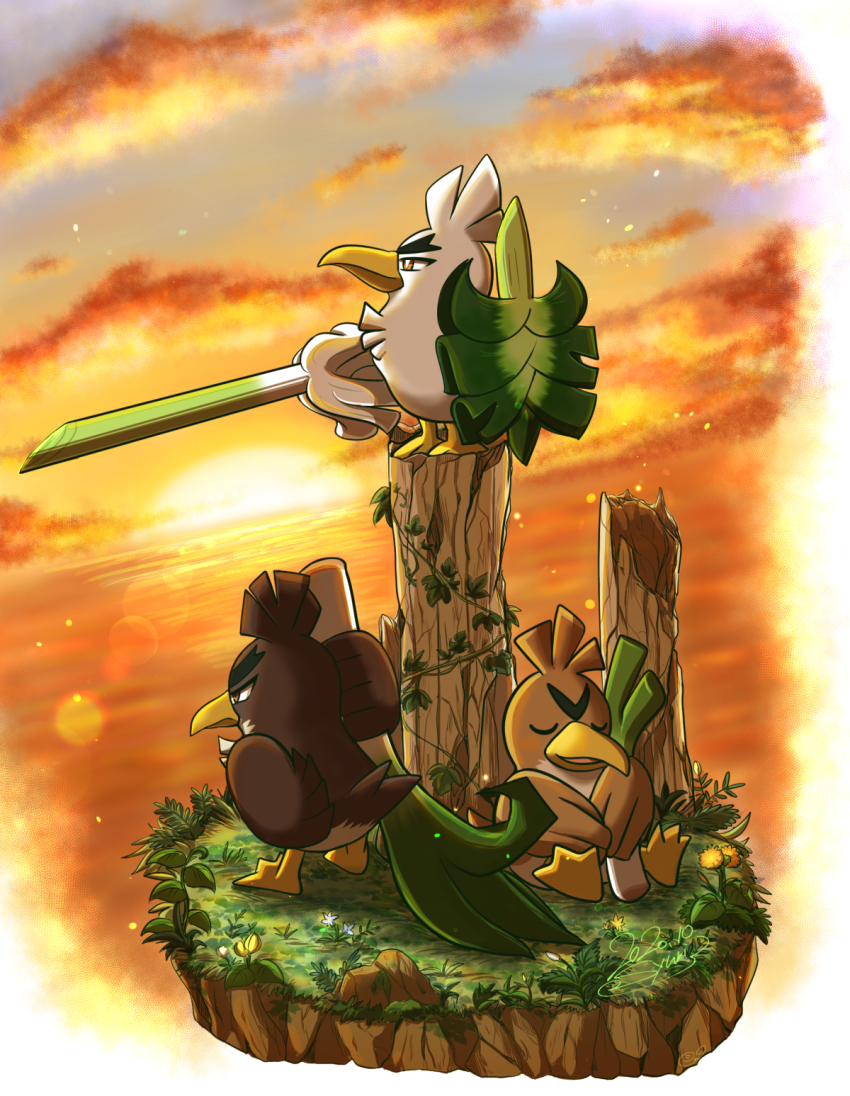 animal_focus bird bright_pupils brown_eyes dandelion duck farfetch&#039;d flower food galarian_farfetch&#039;d galarian_form gen_1_pokemon gen_8_pokemon grass highres holding holding_food holding_vegetable light_particles looking_ahead nintendo no_humans ocean over_shoulder pokemon pokemon_(creature) rock shuri_(syurigame) sirfetch&#039;d sleeping sleeping_upright spring_onion sunset thick_eyebrows v-shaped_eyebrows vegetable white_pupils yellow_flower