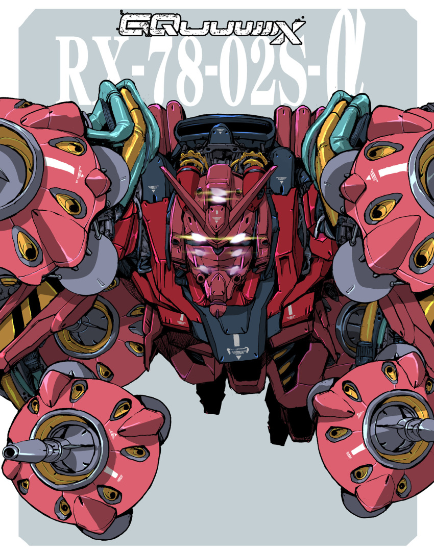 bit_(gundam) border character_name commentary copyright_name flying glowing glowing_eyes grey_background gundam gundam_gquuuuuux highres mecha mecha_focus mobile_suit no_humans outside_border red_gundam robot science_fiction solo takuma_tomomasa v-fin white_border yellow_eyes