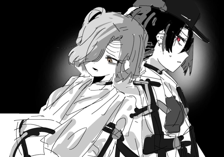 2girls black_hat gamja_guun hat leaning_back leaning_on_person looking_at_another looking_down milgram multiple_girls open_mouth shiina_mahiru_(milgram) sweat yuzuriha_kotoko