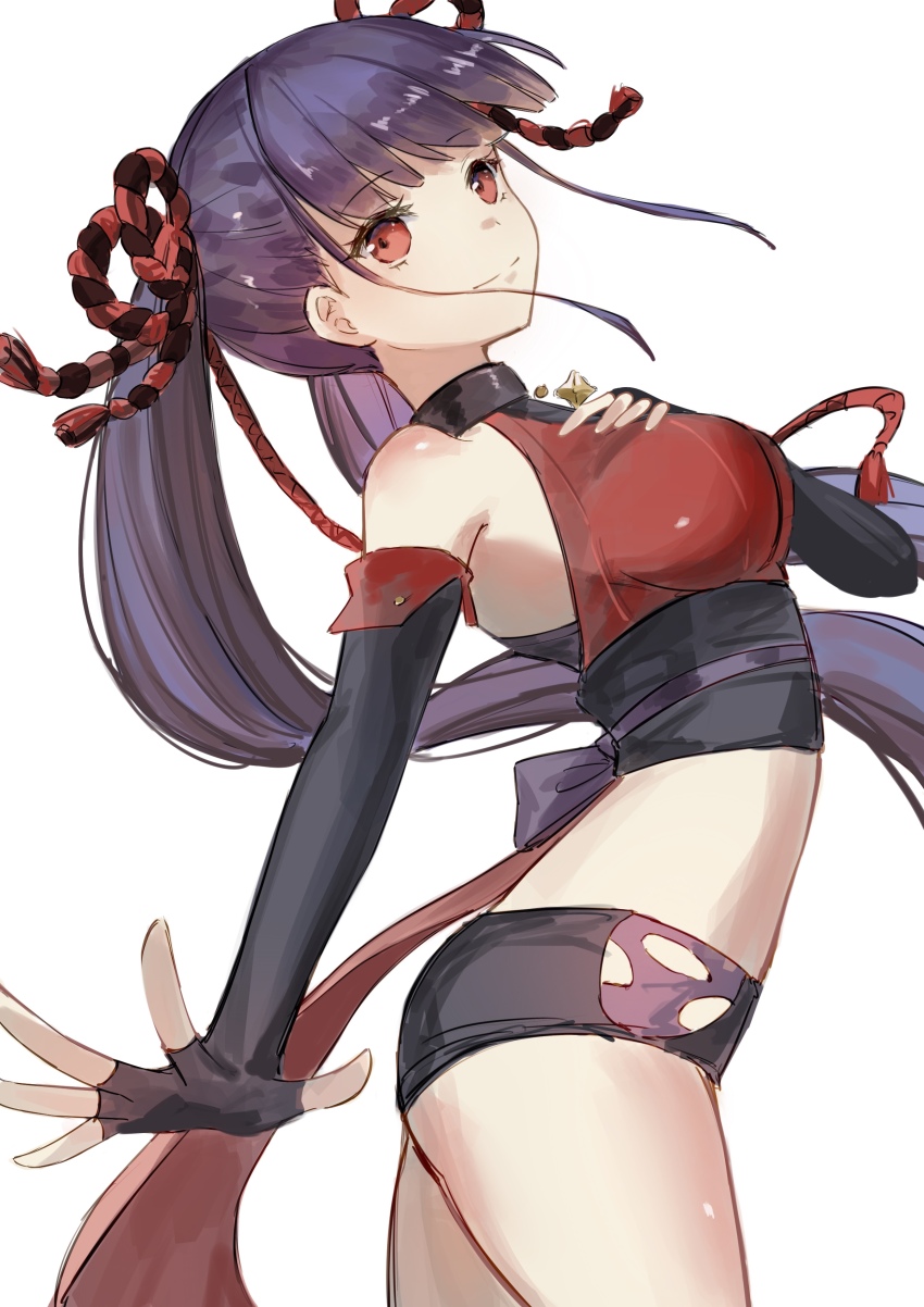 absurdres black_gloves black_shorts blue_hair breasts elbow_gloves gloves heaven_burns_red highres kr_woyue large_breasts long_hair looking_at_viewer satsuki_mari shorts string twintails very_long_hair