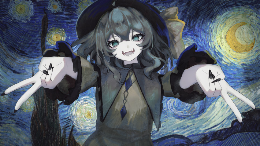 1girl absurdres black_hat black_nails buttons collared_shirt diamond_button fine_art_parody fingernails frilled_shirt_collar frilled_sleeves frills green_eyes green_hair hat hat_ribbon highres koishi_day komeiji_koishi long_sleeves medium_hair nail_polish open_mouth parody ribbon shirt smile solo starry_night sutorobo72 touhou upper_body yellow_ribbon yellow_shirt