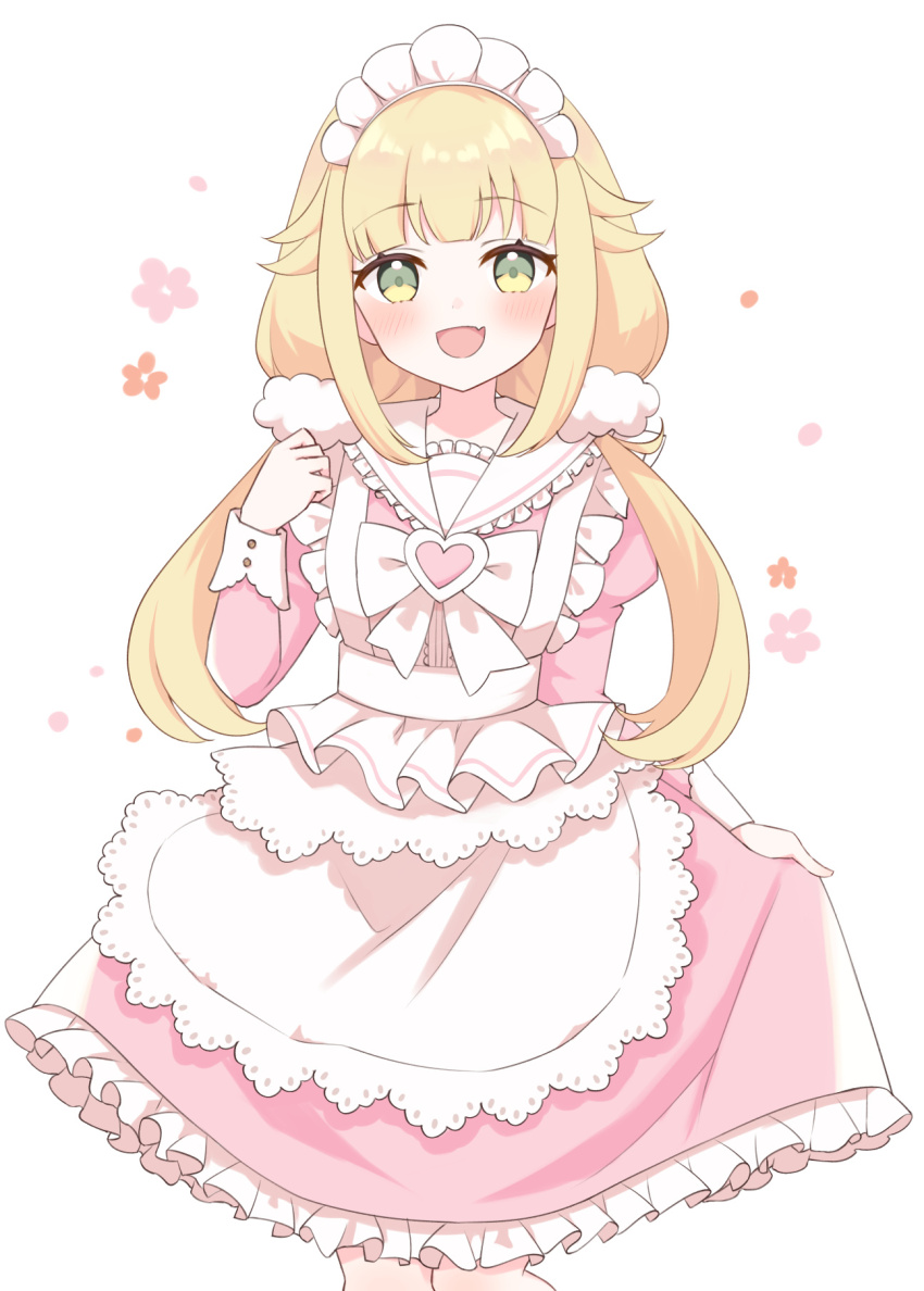 1girl apron blonde_hair blush bow bowtie cowboy_shot dress fang frilled_apron frilled_sailor_collar frills furutori green_eyes hair_flaps highres long_hair long_sleeves looking_at_viewer low_twintails maid maid_headdress multicolored_eyes open_mouth original pink_dress sailor_collar sidelocks simple_background skin_fang skirt_hold smile solo twintails two-tone_eyes white_apron white_background white_bow white_bowtie white_sailor_collar yellow_eyes