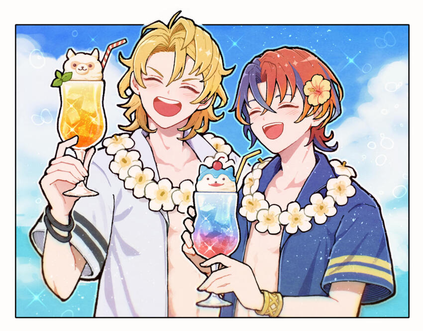 2boys :d male_alear_(fire_emblem) amber_(fire_emblem) blonde_hair blue_hair blue_sky bracelet closed_eyes cocktail_glass cup drink drinking_glass fire_emblem fire_emblem_engage flower highres jewelry kuhaha male_focus multicolored_hair multiple_boys nintendo open_clothes open_mouth open_shirt red_hair shirt short_hair sky smile sommie_(fire_emblem) teeth two-tone_hair upper_teeth_only