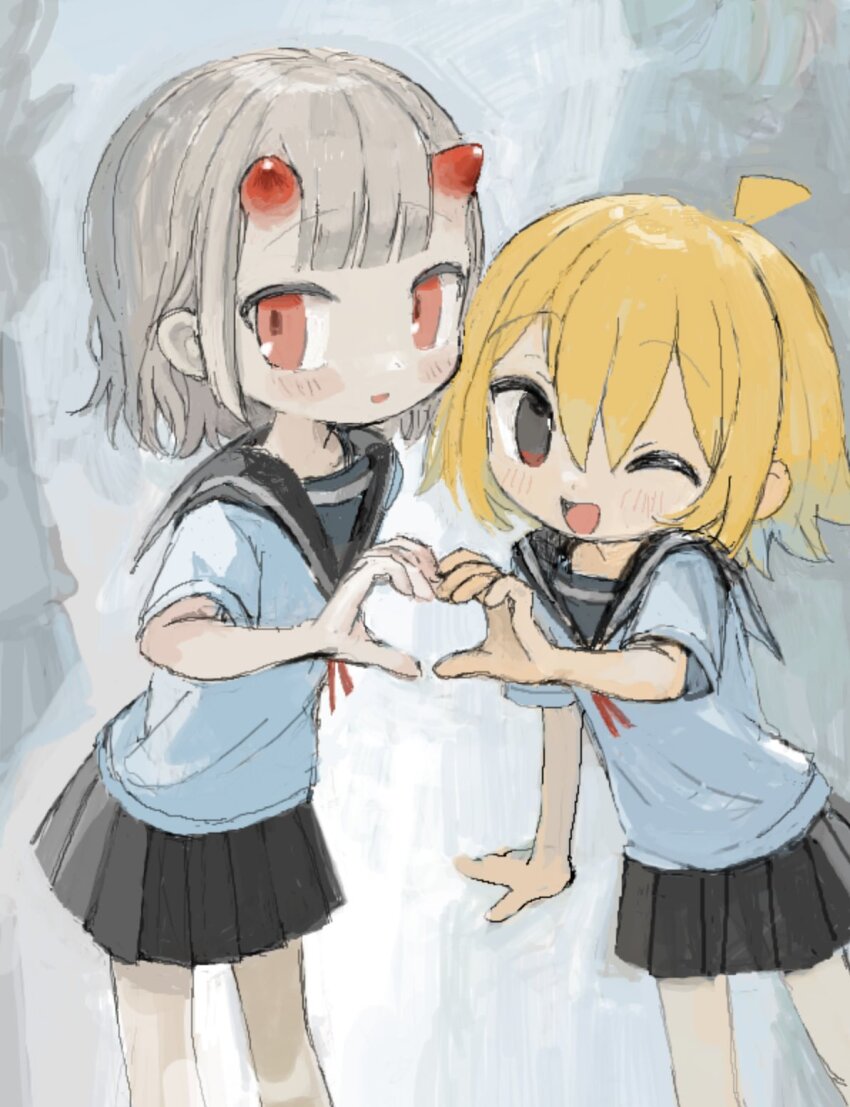 2girls :d ahoge black_sailor_collar black_skirt blonde_hair character_request commentary grey_hair heart heart_hands heart_hands_duo highres hitonatz horns leaning_to_the_side looking_at_viewer multiple_girls null-meta one_eye_closed open_mouth pleated_skirt red_eyes red_horns sailor_collar school_uniform serafuku shirt short_sleeves skirt smile symbol-only_commentary uozumi_kurumi white_shirt