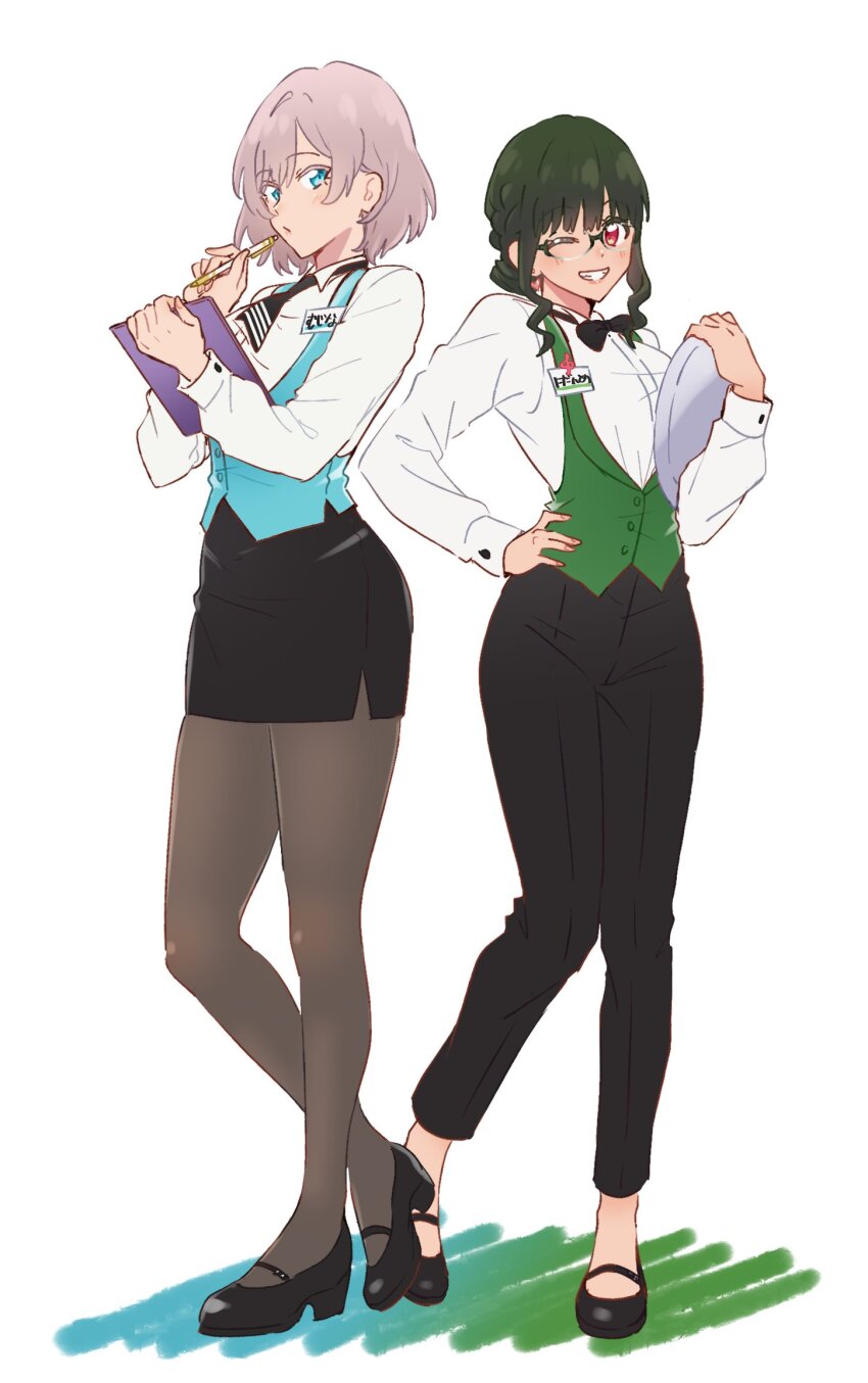 2girls anosillus_ii black_hair blue_eyes braid breasts earrings glasses gridman_universe gridman_universe_(film) highres holding holding_menu holding_tray jewelry long_hair looking_at_viewer medium_breasts menu mujina multiple_girls name_tag necktie nikonishi one_eye_closed pen red_eyes ribbon shirt short_hair skirt smile ssss.dynazenon thighhighs thighs tray twin_braids vest waitress
