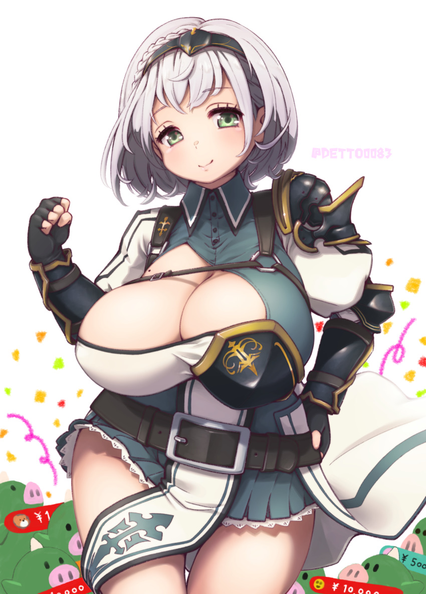 1girl armor belt belt_buckle black_belt black_gloves black_hairband braid breasts buckle buttons cleavage clenched_hand closed_mouth deto female_focus female_knight fingerless_gloves gloves green_eyes hairband hand_on_own_hip hand_up highres hololive huge_breasts knight looking_at_viewer mole mole_on_breast pauldrons shirogane_noel shirogane_noel_(1st_costume) shoulder_armor silver_hair single_pauldron smile solo twitter_username virtual_youtuber