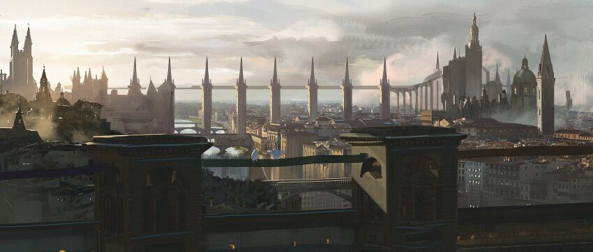 bird bridge building city cityscape cloud commentary day dome english_commentary fantasy highres house no_humans original outdoors river scenery sunlight tmt tower