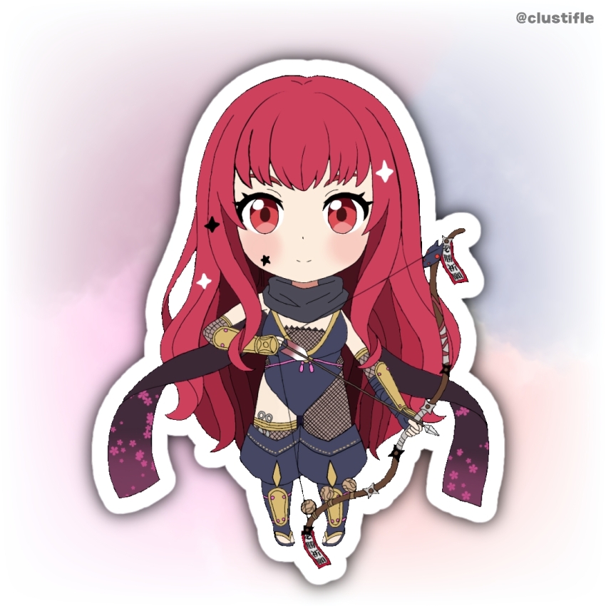 1girl asymmetrical_legwear black_scarf bodystocking bow_(weapon) chibi chibi_only clustifle facial_mark fire_emblem fire_emblem_engage fire_emblem_heroes fishnet_bodystocking fishnet_thighhighs fishnets hair_ornament holding holding_bow_(weapon) holding_weapon ninja nintendo scarf shuriken shuriken_hair_ornament star_(symbol) star_facial_mark star_hair_ornament thighhighs weapon yunaka_(fire_emblem) yunaka_(stealthy_imitator)_(fire_emblem)
