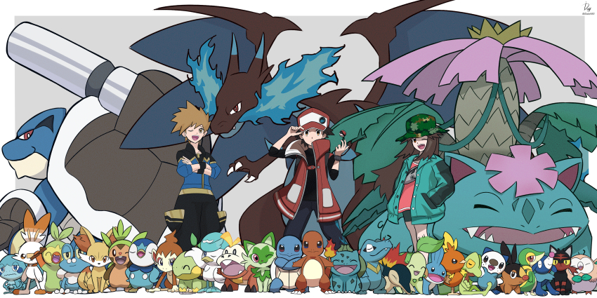 1girl 2boys absurdres adjusting_clothes adjusting_headwear badge bag beak blastoise blue_fire blue_oak blue_oak_(sygna_suit) brown_hair bucket_hat bulbasaur camouflage camouflage_headwear cannon charizard charmander chespin chikorita chimchar claws cyndaquil fangs fennekin fire flame-tipped_tail froakie fuecoco gen_1_pokemon gen_2_pokemon gen_3_pokemon gen_4_pokemon gen_5_pokemon gen_6_pokemon gen_7_pokemon gen_8_pokemon grookey hands_in_pockets hat highres horns ida_(idalol490) jacket leaf_(pokemon) leaf_(sygna_suit)_(pokemon) litten looking_at_viewer mega_blastoise mega_charizard_x mega_pokemon mega_venusaur mudkip multiple_boys nintendo official_alternate_costume oshawott piplup pokemon pokemon_(creature) pokemon_masters_ex popplio quaxly red_(pokemon) red_(sygna_suit)_(pokemon) rowlet satchel scorbunny shell sleeveless sleeveless_jacket smile snivy sobble spiked_hair sprigatito squirtle starter_pokemon_trio tail tepig torchic totodile treecko turtwig venusaur