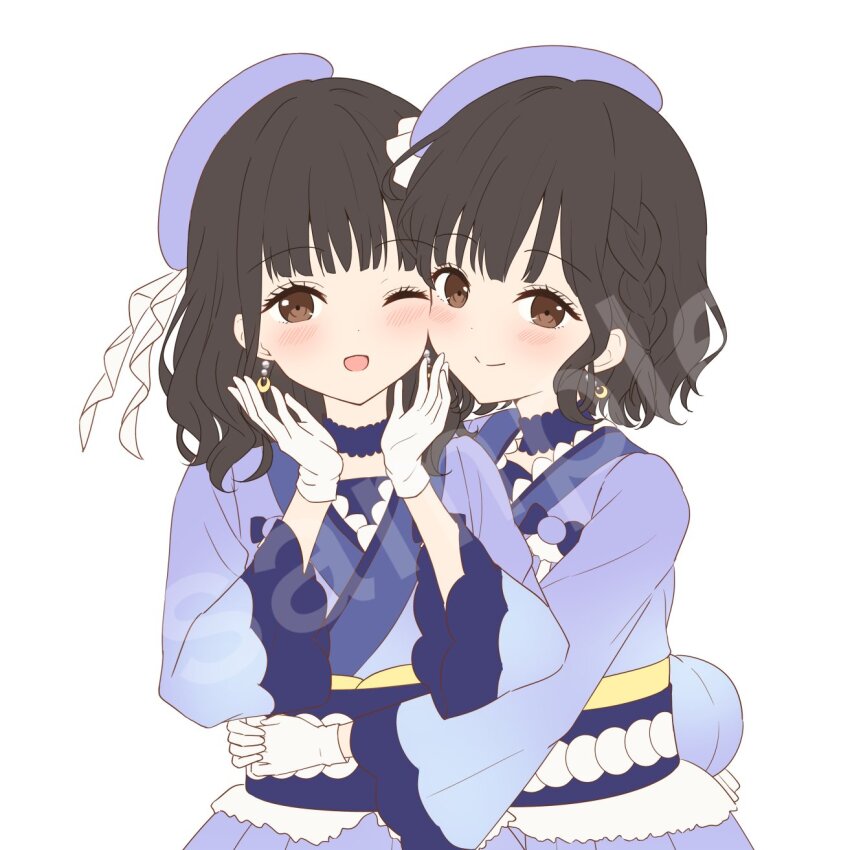 2girls ;d animification beret blue_skirt blunt_bangs blush braid brown_eyes brown_hair closed_mouth commentary_request crescent crescent_earrings earrings flower_stand_art gloves hanazora_satsuki hat highres hug japanese_clothes jewelry kimono link!_like!_love_live! long_sleeves love_live! love_live!_series_asia_tour_2024 medium_hair multiple_girls nirei_nozomi one_eye_closed open_mouth purple_hat purple_kimono purple_skirt real_life sakurai_hina sample_watermark side_braid sidelocks simple_background skirt smile tilted_headwear tsukuyomi_kurage unfinished voice_actor watermark wavy_hair white_background white_gloves