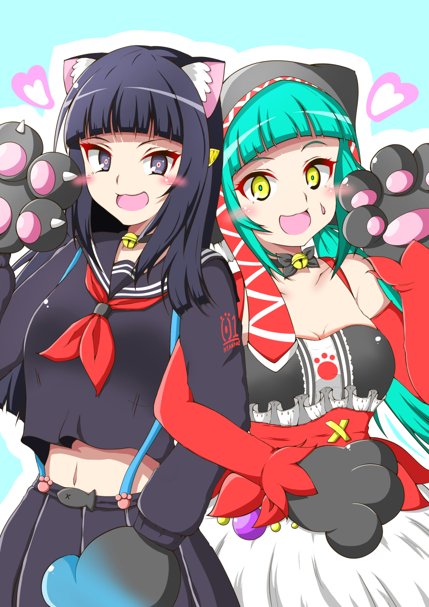 2girls :3 absurdres animal_ears animal_hands animal_hat aqua_hair black_dress black_hair black_serafuku blush breasts cat_ears cat_food_(vocaloid) cat_girl cat_hat cleavage commentary_request dress dual_persona envy_cat_walk_(vocaloid) gloves hat hatsune_miku hatsune_miku_(chat_noir) hatsune_miku_(pierretta) highres long_hair looking_at_viewer midriff multiple_girls navel nissannaoaka official_alternate_hair_color open_mouth paw_gloves project_diva_(series) red_eyes school_uniform serafuku smile songover trait_connection vocaloid yellow_eyes
