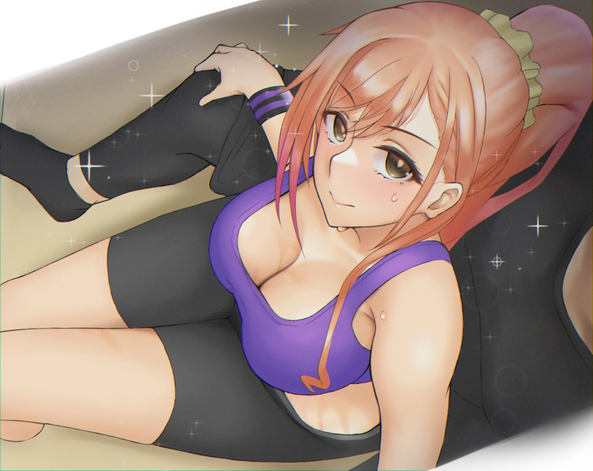 1boy 1girl ankle_socks arisugawa_natsuha armpit_crease bike_shorts black_leggings black_shirt black_socks breasts brown_eyes cleavage from_above hair_ornament hair_scrunchie hand_on_another&#039;s_knee head_out_of_frame highres idolmaster idolmaster_shiny_colors karakari large_breasts leggings long_hair looking_at_viewer orange_hair ponytail purple_sports_bra scrunchie shirt sitting sitting_between_lap socks sparkle sparkling_aura sports_bra sportswear sweat wristband yellow_scrunchie