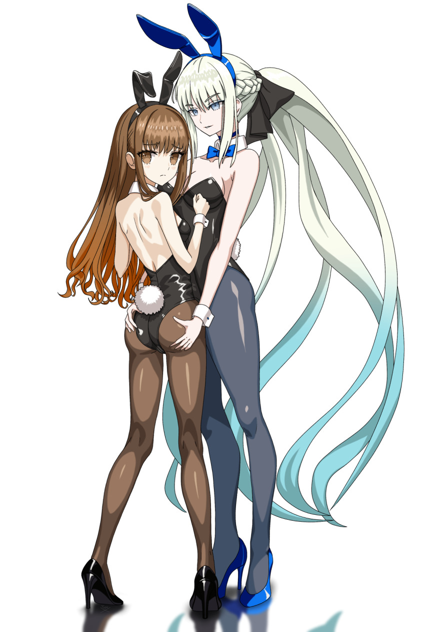 2girls animal_ear_hairband animal_ears bare_shoulders black_bow black_leotard black_pantyhose black_shoes blue_bow blue_bowtie blue_eyes blue_footwear blue_hair blush bow bowtie braid breasts brown_eyes brown_hair brown_pantyhose cleavage closed_mouth collarbone commentary detached_collar english_commentary fake_animal_ears fake_tail fate/extra fate/grand_order fate_(series) full_body grabbing_another&#039;s_ass gradient_hair grey_hair groping hair_between_eyes hair_bow hairband high_heels highres ishikawa_yui kishinami_hakuno_(female) large_breasts leotard long_hair looking_at_viewer morgan_le_fay_(fate) multicolored_hair multiple_girls pantyhose parted_lips patent_heels playboy_bunny ponytail pumps rabbit_ear_hairband rabbit_ears rabbit_tail shoes simple_background standing stiletto_heels tail type_x voice_actor_connection white_background white_wrist_cuffs wrist_cuffs