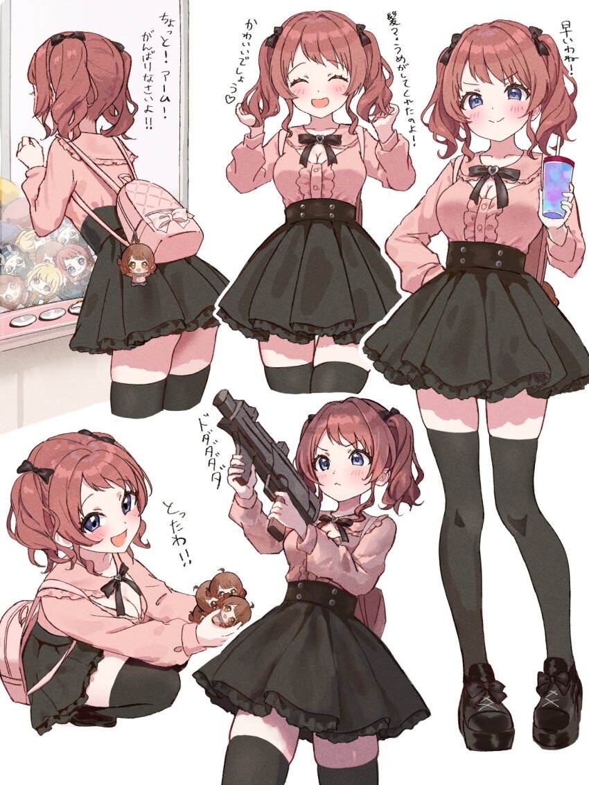 &gt;:) 1girl :&lt; :d ^_^ backpack bag black_bow black_bowtie black_shoes black_skirt black_thighhighs blue_eyes blush bow bowtie breasts brown_hair cleavage cleavage_cutout closed_eyes closed_mouth clothing_cutout commentary_request cowboy_shot cup disposable_cup doyagao facing_viewer footwear_bow frilled_shirt_collar frilled_skirt frills full_body gakuen_idolmaster gun hair_bow hanami_saki hands_up happy heart high-waist_skirt highres holding holding_cup holding_gun holding_weapon hoshinopurin idolmaster jirai_kei long_sleeves looking_at_viewer medium_breasts medium_hair multiple_views open_mouth pink_bag shoes sidelocks simple_background skindentation skirt smile smug squatting standing tareme thighhighs translation_request twintails v-shaped_eyebrows weapon white_background zettai_ryouiki