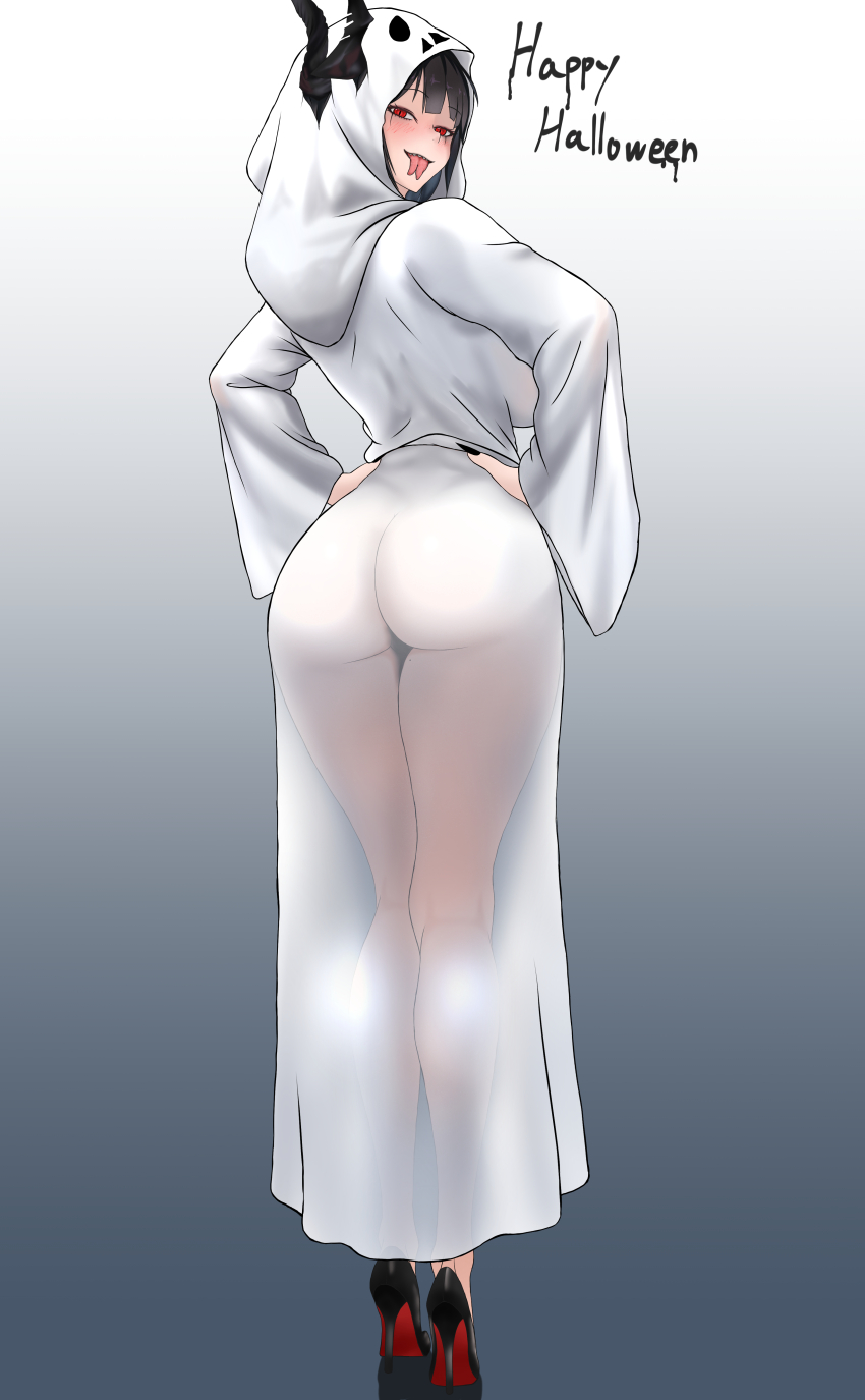 1girl absurdres alternate_costume ass asymmetrical_horns behemoth_(nikke) black_hair black_horns chronoval forked_tongue ghost_costume goddess_of_victory:_nikke gradient_background grey_background hands_on_own_hips happy_halloween high_heels highres horns looking_at_viewer looking_back red_eyes see-through_clothes solo tongue tongue_out white_background