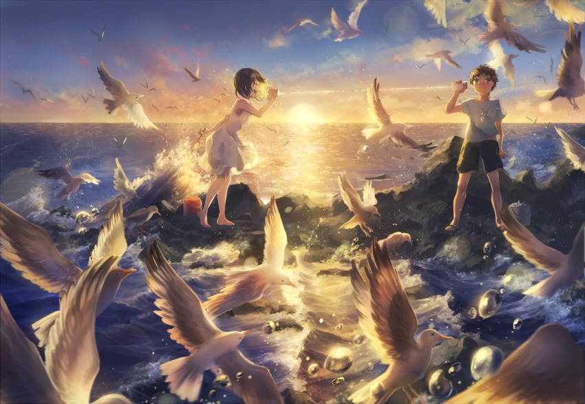 1boy 1girl ^_^ animal arm_at_side backlighting bare_arms barefoot bird black_hair black_shorts blush bob_cut brown_hair bucket clenched_hand closed_eyes cloud domik dress closed_eyes flip-flops hand_net holding horizon legs_apart lens_flare motion_blur nature ocean open_mouth original outdoors profile revision sandals scenery seagull shade shirt short_hair shorts sky sleeveless sleeveless_dress smile standing string_phone sun sundress sunset t-shirt water water_drop waves white_dress wind