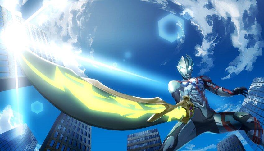 alien asymmetrical_arms building cloud color_timer commentary_request from_below glowing glowing_eyes glowing_sword glowing_weapon holding holding_sword holding_weapon legs_apart light_particles ohk_elsj_kak open_hand science_fiction sky sword tilsonite_sword tokusatsu ultra_series ultraman_blazar ultraman_blazar_(series) weapon white_eyes