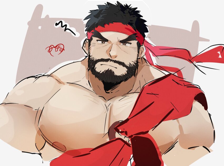 1boy bara bare_pectorals beard black_hair facial_hair full_beard headband highres large_pectorals looking_at_viewer male_focus mature_male mikiya_(mine_miki0840) muscular muscular_male nipples pectorals pout red_headband ryu_(street_fighter) sash solo street_fighter street_fighter_6 thick_eyebrows tsurime unfinished upper_body