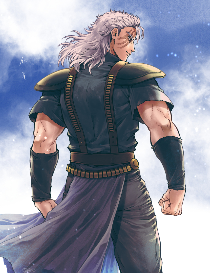 040shao 1boy back belt black_pants black_shirt blue_background brown_belt cape clenched_hand closed_mouth commentary cowboy_shot highres hokuto_no_ken looking_to_the_side male_focus medium_hair mullet muscular muscular_male pants purple_cape scar scar_across_eye scar_on_face shirt short_sleeves shoulder_pads shu_(hokuto_no_ken) smile solo waist_cape white_hair