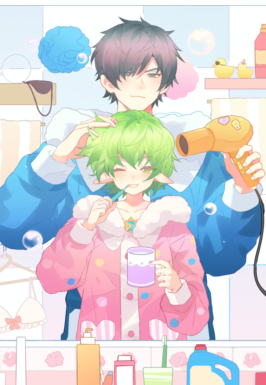 1boy 1girl bathroom blue_coat blue_eyes bra brushing_teeth closed_mouth coat collarbone cup drying drying_hair fingernails frilled_bra frills fur-trimmed_coat fur_trim green_eyes green_hair grey_hair hair_dryer hair_over_one_eye hashtag-only_commentary hetero highres holding holding_cup holding_hair_dryer holding_toothbrush indoors long_sleeves loofah looking_at_another looking_at_reflection mirror mug one_eye_closed pandoria_(xenoblade) parted_lips pink_coat pointy_ears rubber_duck short_hair soap_bubbles toki0830 toothbrush underwear unworn_bra white_bra xenoblade_chronicles_(series) xenoblade_chronicles_2 zeke_von_genbu_(xenoblade)