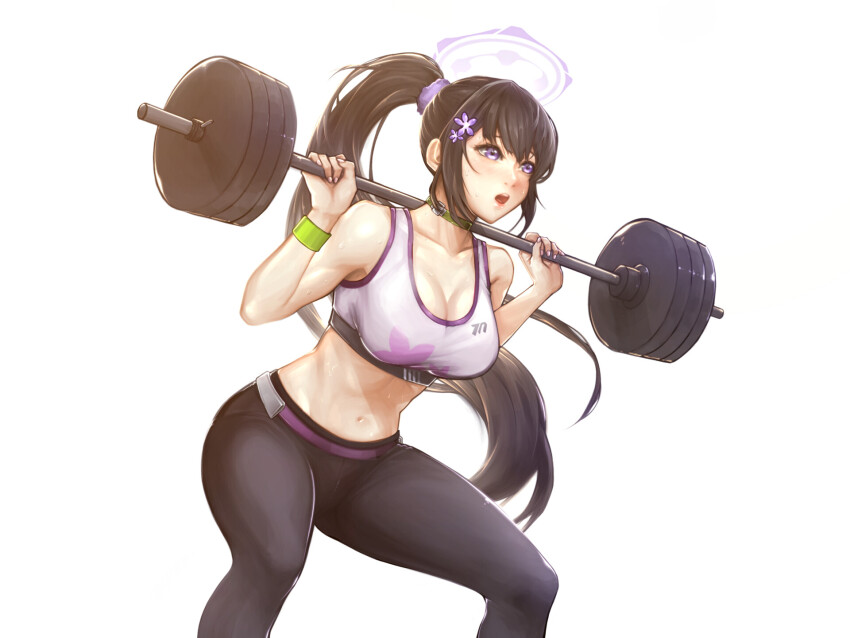 1girl :o bare_shoulders black_hair blue_archive blush breasts deka_yo dumbbell exercising highres large_breasts long_hair navel open_mouth ponytail purple_eyes sports_bra sportswear sumire_(blue_archive) sweat white_background