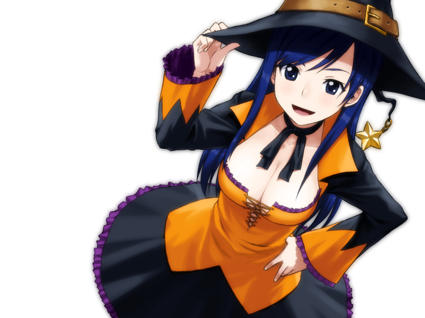 1girl blue_eyes blue_hair breasts cleavage dream_c_club dream_c_club_(series) dream_c_club_zero female_focus halloween hand_on_headwear hand_on_own_hip hat highres large_breasts matching_hair/eyes no_bra open_mouth reika_(dream_c_club) simple_background smile solo star_(symbol) tachibana_midori tachibana_roku witch_hat