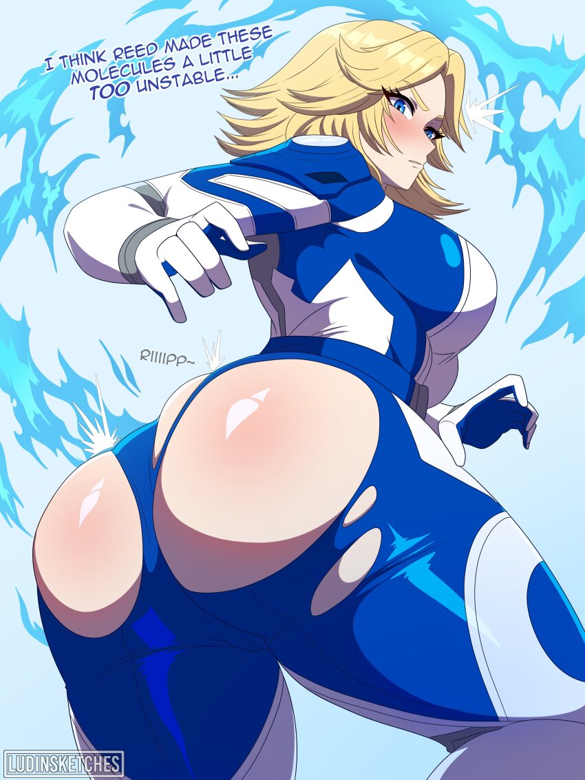 1girl absurdres ass ass_focus blonde_hair blue_bodysuit blue_eyes blush bodysuit breasts bursting_ass cameltoe commentary english_commentary english_text fantastic_four highres huge_ass inconvenient_ass large_breasts looking_at_viewer ludinsketches marvel marvel_rivals medium_hair solo sue_storm superhero_costume thick_thighs thighs torn_clothes two-tone_bodysuit wardrobe_malfunction white_bodysuit