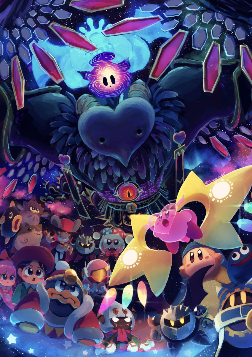 2girls :&lt; :3 :o absurdres adeleine bandana bandana_waddle_dee battle beret blue_bandana blue_eyes blush_stickers bow bowtie brown_eyes brown_hair closed_mouth coat commentary coo_(kirby) dark_meta_knight daroach dress extra_arms feathers fur-trimmed_coat fur_trim gooey_(kirby) green_shirt hair_bow hat heart highres horns jester_cap kine_(kirby) king_dedede kirby kirby_star_allies kirby_(series) magolor marx_(kirby) mask mask_on_head master_crown meta_knight monster multiple_girls nintendo open_mouth pink_dress pink_hair pom_pom_(clothes) rayman_limbs red_bow red_bowtie red_coat red_eyes red_headwear ribbon_(kirby) rick_(kirby) shirt sky slit_pupils star_(sky) starry_sky susie_(kirby) suyasuyabi taranza top_hat twitter_username void_(kirby) void_termina wings