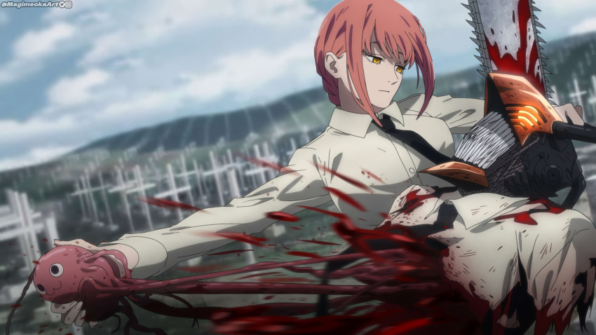 1boy 1girl absurdres blood blood_stain braid braided_ponytail chainsaw_man cloud cloudy_sky cross death graveyard highres hill intestines long_hair magimeoka makima_(chainsaw_man) necktie organs pink_hair pochita_(chainsaw_man) sharp_teeth sky teeth torn_clothes yellow_eyes