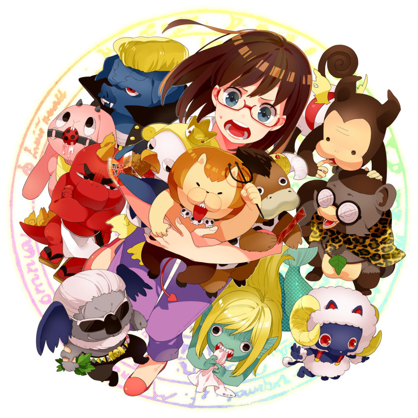 1girl azazel_(azazel-san) beelzebub_(azazel-san) blue_eyes brown_hair eurinome glasses gum_(gmng) gumidemo_kandero gusion highres incubus_(azazel-san) lucifer_(azazel-san) moloch ose_(azazel-san) sakuma_rinko salamander_(azazel-san) sargatanas undine_(azazel-san) yondemasu_yo_azazel-san.