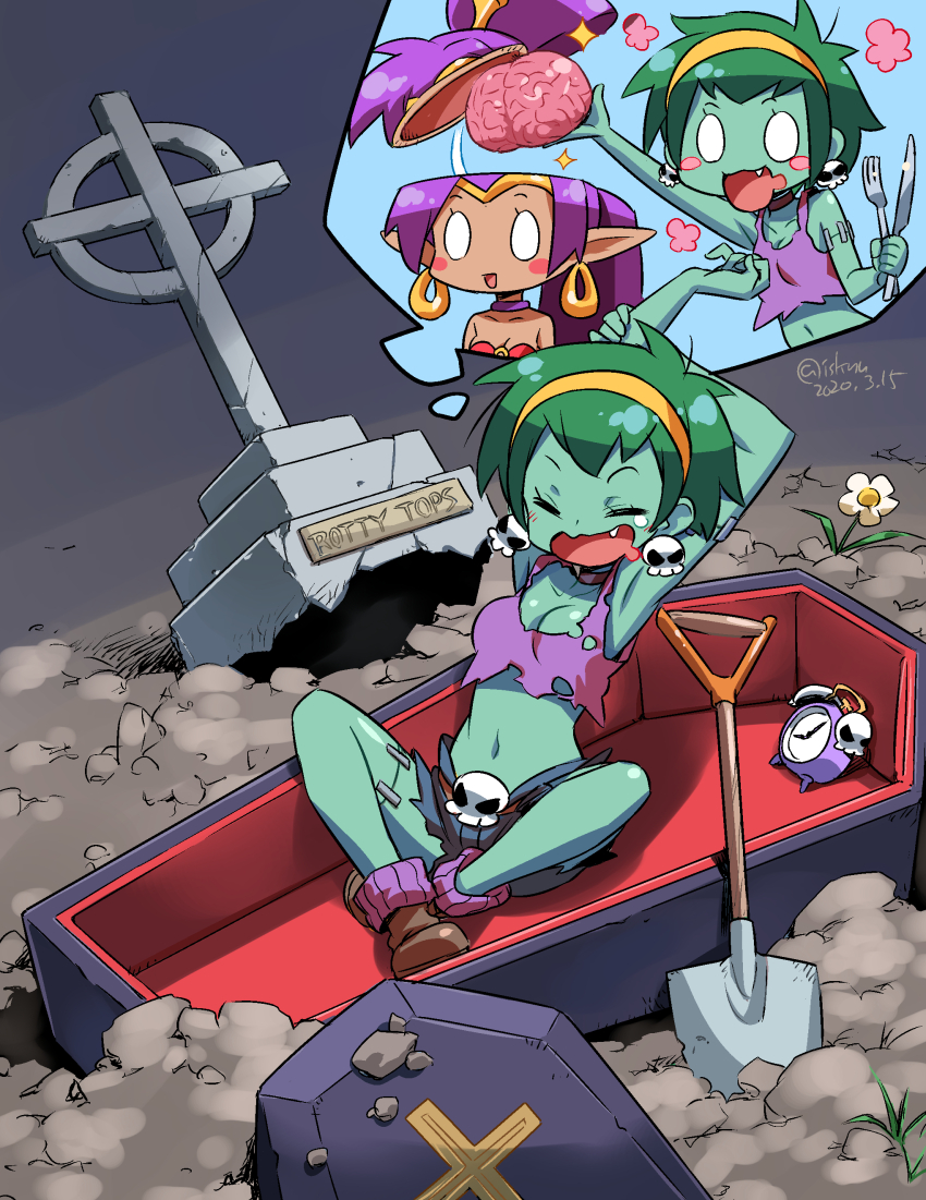2girls absurdres alarm_clock armpits arms_up artist_name bandeau bare_arms blue_shorts blush_stickers brain breasts brown_shoes character_name choker cleavage clock closed_eyes coffin commentary dated dirt drooling earrings fang flower fork green_hair hairband high_ponytail highres holding holding_brain holding_fork holding_knife holding_own_arm hoop_earrings hungry imagining in_container indian_style isedaichi_ken jewelry knife long_hair loose_socks medium_breasts midriff mouth_drool multiple_girls navel no_pupils o-ring o-ring_top open_mouth outdoors pointy_ears ponytail purple_choker purple_hair purple_socks purple_tank_top red_bandeau ribbed_socks rottytops shantae shantae_(series) shoes short_hair short_shorts shorts shovel sitting skull_earrings small_breasts socks solo_focus speech_bubble stitched_arm stitched_leg stitches stretching tank_top teardrop thought_bubble tombstone torn_clothes torn_shorts torn_tank_top twitter_username waking_up white_flower yawning yellow_hairband zombie