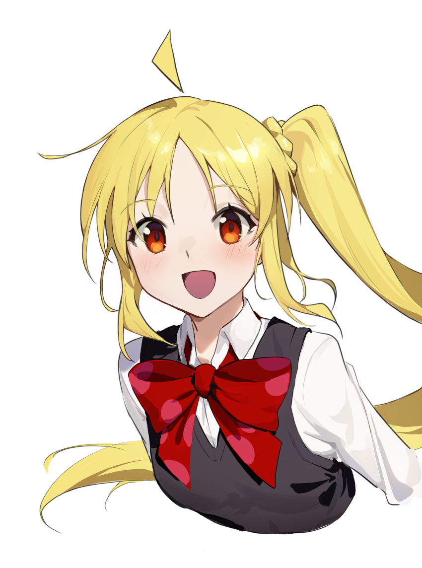 1girl :d absurdres ahoge black_sweater_vest black_vest blonde_hair blush bocchi_the_rock! bow bowtie braid collared_shirt commentary cropped_torso highres ijichi_nijika long_hair long_sleeves looking_at_viewer open_mouth orange_eyes polka_dot polka_dot_bow polka_dot_bowtie red_bow red_bowtie shirt side_ponytail sidelocks simple_background smile solo suye sweater_vest upper_body very_long_hair vest white_background white_shirt wing_collar