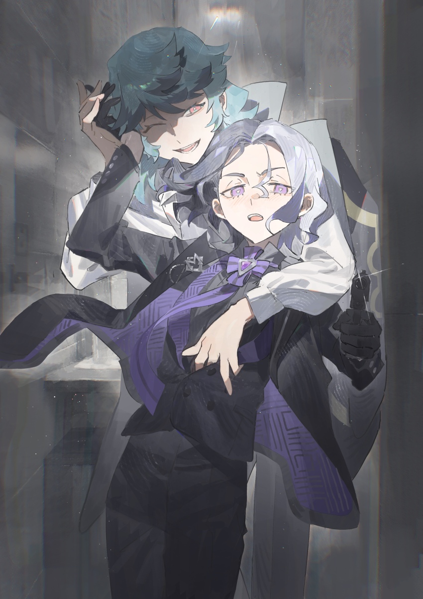 2boys ;d absurdres amethio_(pokemon) arm_up black_gloves black_jacket black_pants black_vest bright_pupils buttons commentary_request gloves green_hair hair_between_eyes hazel_maier highres holding jacket looking_at_viewer loose_hair_strand male_focus multicolored_hair multiple_boys nintendo one_eye_closed open_clothes open_jacket open_mouth orange_eyes pants pokemon pokemon_(anime) pokemon_horizons purple_eyes smile spinel_(pokemon) symbol-shaped_pupils teeth two-tone_hair upper_teeth_only vest