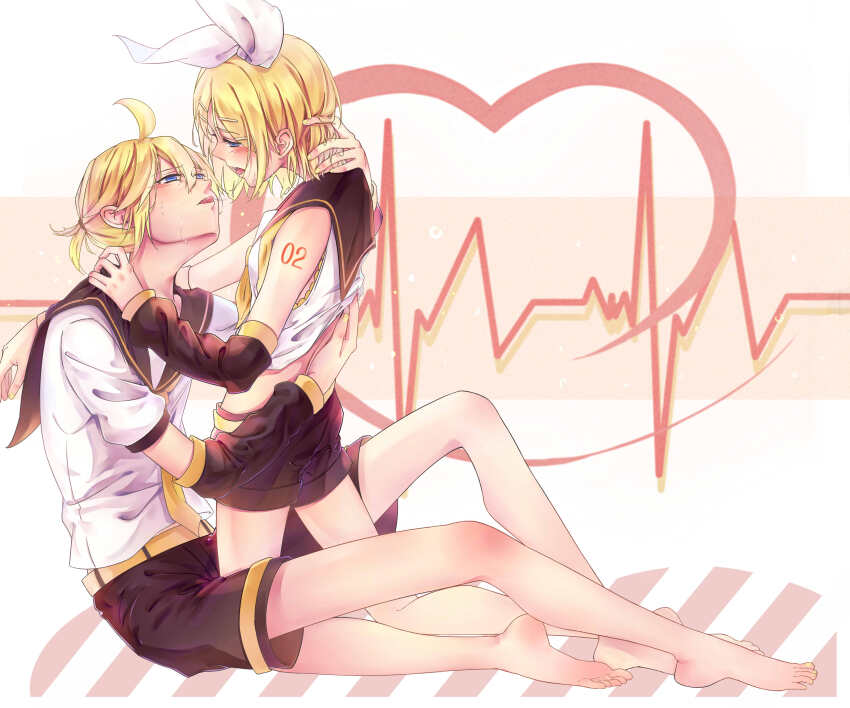 1boy 1girl after_kiss arm_tattoo arm_warmers barefoot black_shorts blonde_hair blue_eyes blush bow brother_and_sister crying incest kagamine_len kagamine_rin kneeling looking_at_another neckerchief number_tattoo ponytail sailor_collar saliva saliva_trail shirt short_hair shorts siblings tattoo twincest twins vocaloid white_shirt yellow_neckerchief
