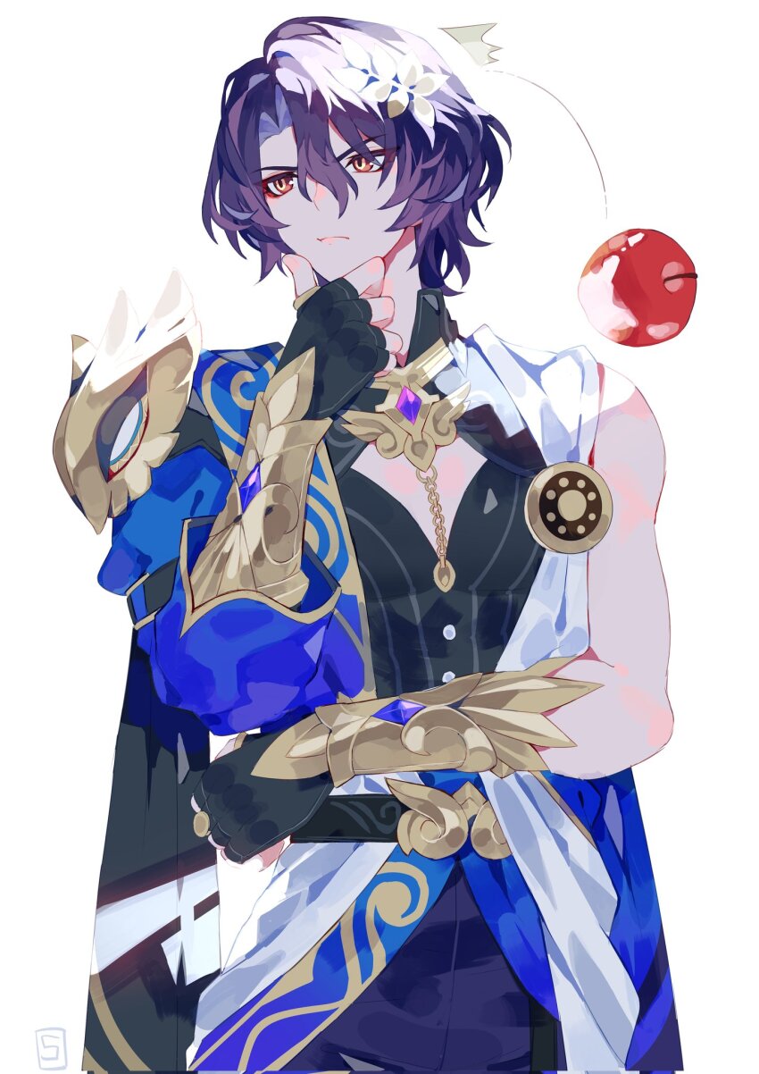 1boy ^^^ apple arm_guards black_shirt blue_robe bonk cleavage_cutout clothing_cutout commentary corrupted_twitter_file cowboy_shot dr._ratio_(honkai:_star_rail) food fruit highres honkai:_star_rail honkai_(series) laurel_crown looking_to_the_side male_focus purple_hair red_eyes robe shirt short_hair signature simple_background slit_pupils solo syasubaru0 symbol-only_commentary thinking white_background white_robe yellow_eyes