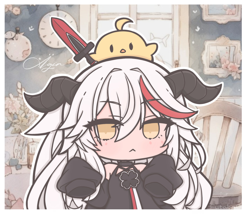 1girl :&lt; aged_down ai-assisted ai-generated_background animal animal_ears animal_on_head artist_name azur_lane baby_animal bare_shoulders bird black_collar black_dress black_horns border chair character_name chibi chibi_only chick clock collar commentary dragon_girl dragon_horns dress fake_animal_ears futaba_(anti_clockwise) highres holding holding_sword holding_weapon horns imperial_german_flag indoors little_aegir_(azur_lane) long_hair manjuu_(azur_lane) multicolored_hair on_head picture_frame red_hair sleeves_past_fingers sleeves_past_wrists streaked_hair sword symbol-only_commentary weapon white_border window yellow_eyes