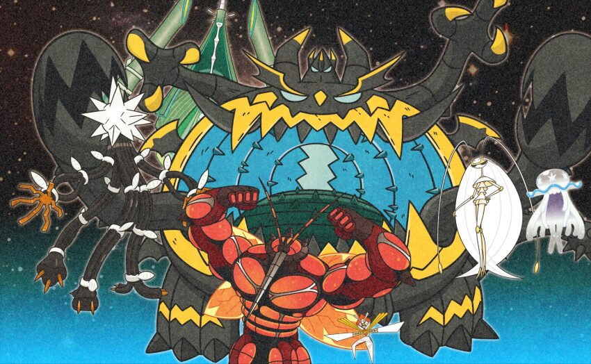buzzwole celesteela claws gen_7_pokemon guzzlord highres horns insect_wings kartana nihilego nintendo official_art pheromosa pokemon pokemon_sm ultra_beast wings xurkitree