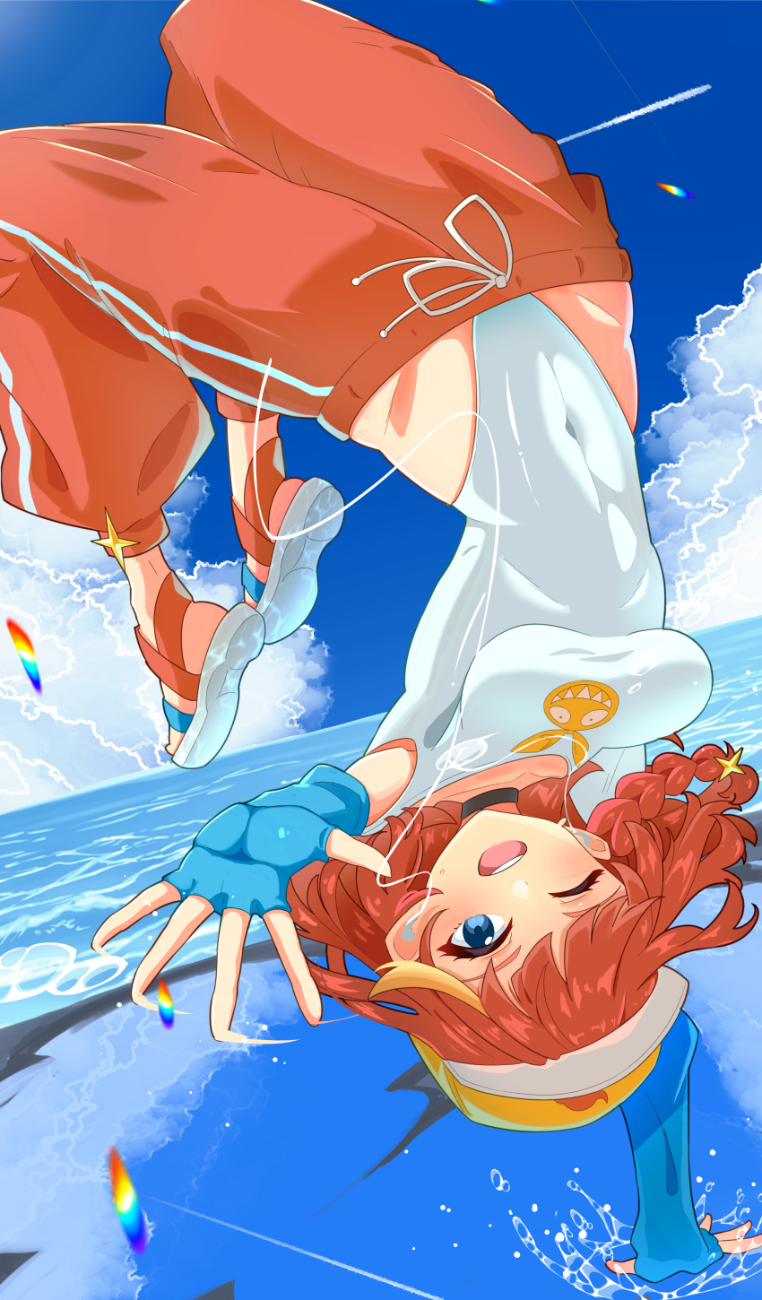 1girl ;d absurdres baseball_cap blue_gloves blue_sky braid breasts cloud cloudy_sky commentary_request covered_navel drawstring eight_(eight3rd1) fingerless_gloves gloves hat highres homu_(honkai_impact) honkai_(series) honkai_impact_3rd leotard ocean one_eye_closed open_mouth orange_hair orange_pants pants sandals senadina_(deepspace_anchor:_first_light) senadina side_braid sky smile solo sweatpants upside-down white_leotard yellow_hat