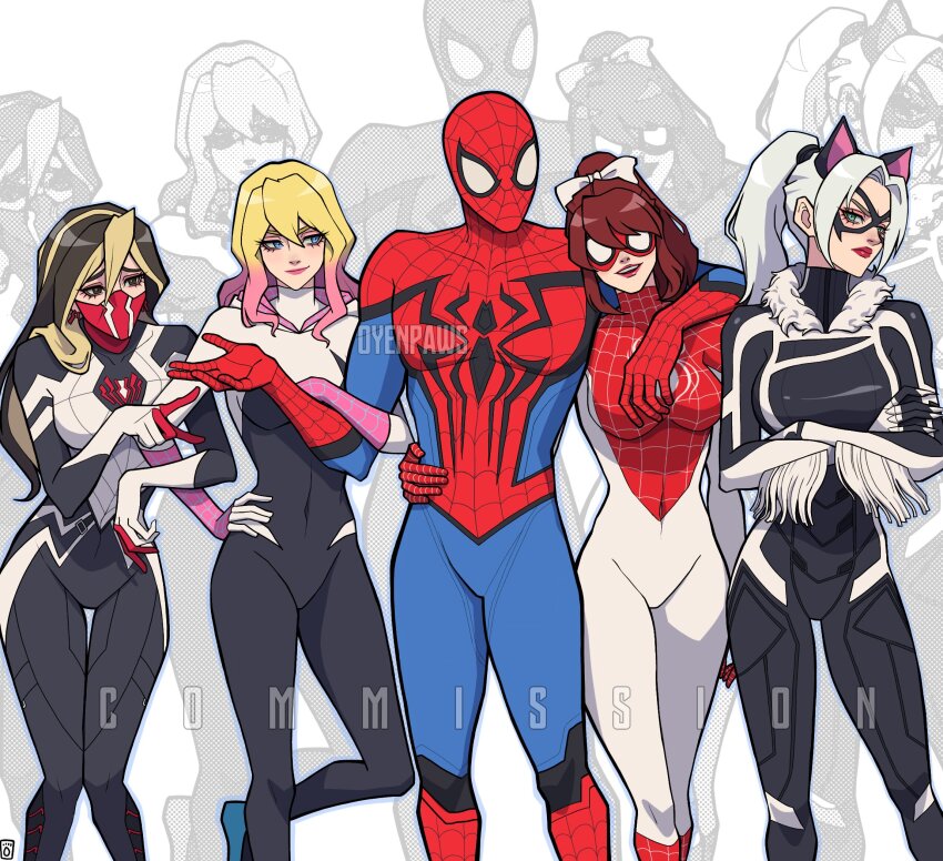 1boy animal_ears animal_print black_bodysuit black_cat_(marvel) blonde_hair blue_bodysuit blue_eyes bodysuit breasts cat_ears cindy_moon domino_mask felicia_hardy fur-trimmed_bodysuit girl_sandwich gwen_stacy highres hood hooded_bodysuit latex latex_bodysuit marvel mary_jane_watson mask mouth_mask oyenpaws peter_parker ponytail print_bodysuit red_bodysuit sandwiched short_hair silk silk_(marvel) smile spider-gwen spider-man spider-man:_into_the_spider-verse spider-man_(series) spider-verse spider_print spider_web spider_web_print spinneret_(marvel) superhero_costume two-tone_bodysuit,