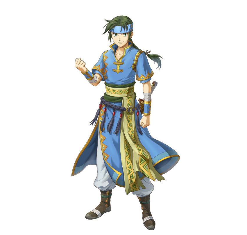1boy absurdres bandages belt braid clenched_hands closed_mouth collarbone commentary_request fire_emblem fire_emblem:_the_blazing_blade fire_emblem_heroes full_body gold_trim green_eyes green_hair guy_(fire_emblem) hand_up headband highres indesign long_hair looking_at_viewer male_focus nintendo noots official_art pants pelvic_curtain short_sleeves simple_background single_braid smile solo standing sword weapon white_background