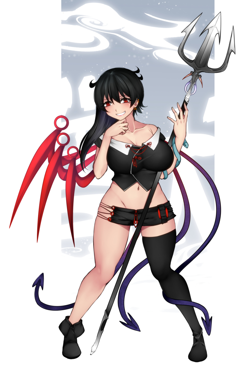 1girl adapted_costume aoshima black_hair breasts highres houjuu_nue large_breasts navel solo touhou